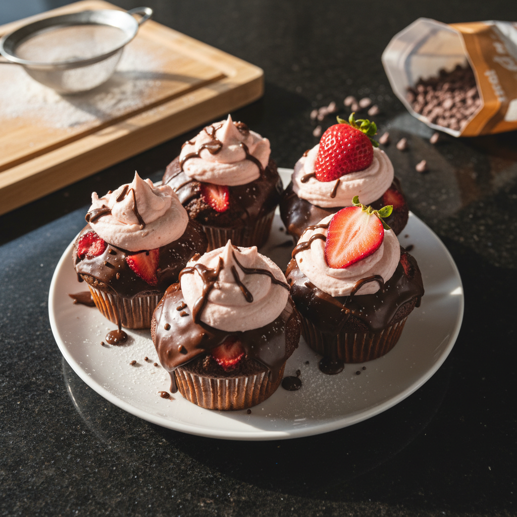Schokoladenüberzogene Erdbeer Cupcakes