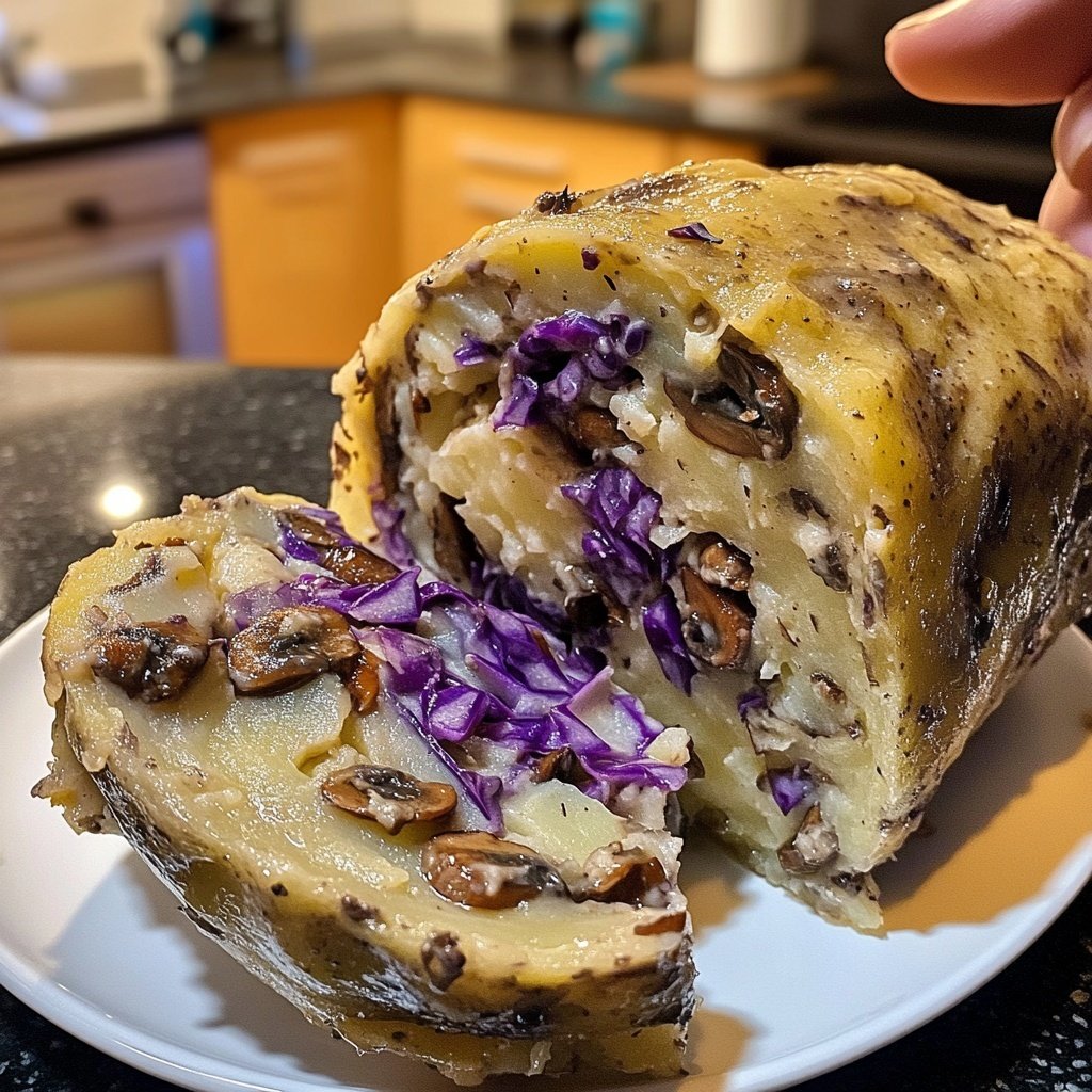 Kartoffel-Steinpilz-Rolle mit Dattelrotkohl