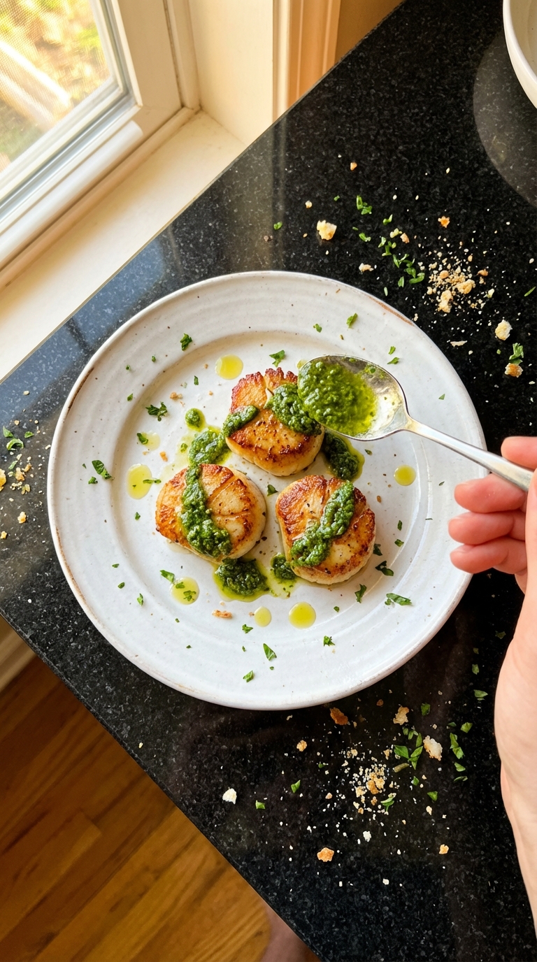 Gebratene Jakobsmuscheln mit Basilikum Sauce​