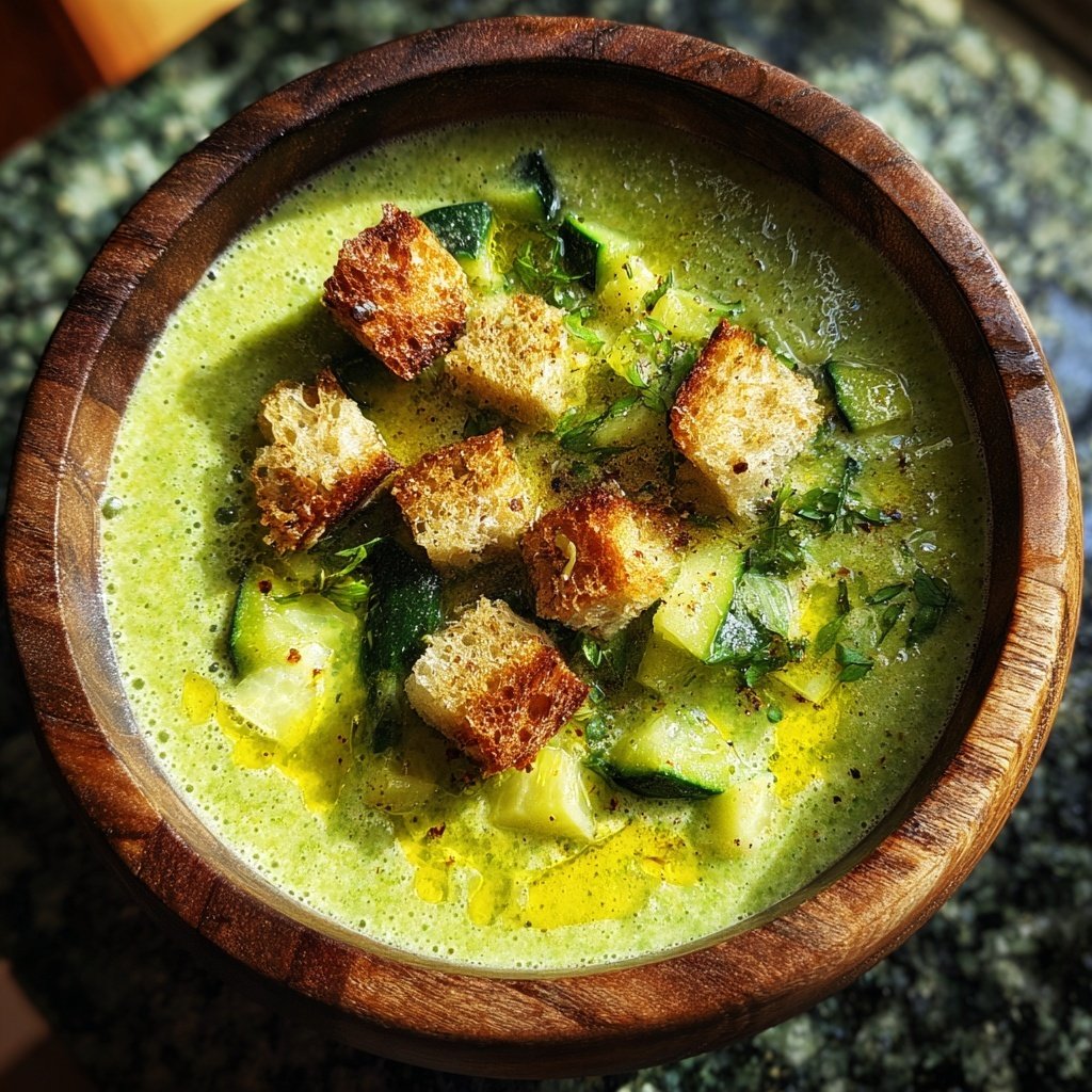 Frühlingsgrünes Gazpacho mit Croutons