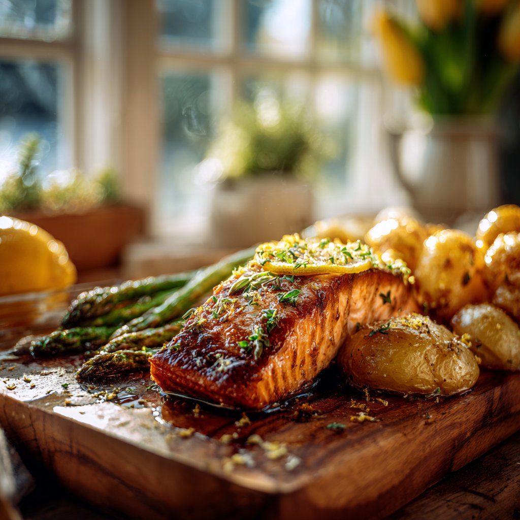 Zitronenbutter Lachs mit knusprigen Kartoffeln und Spargel