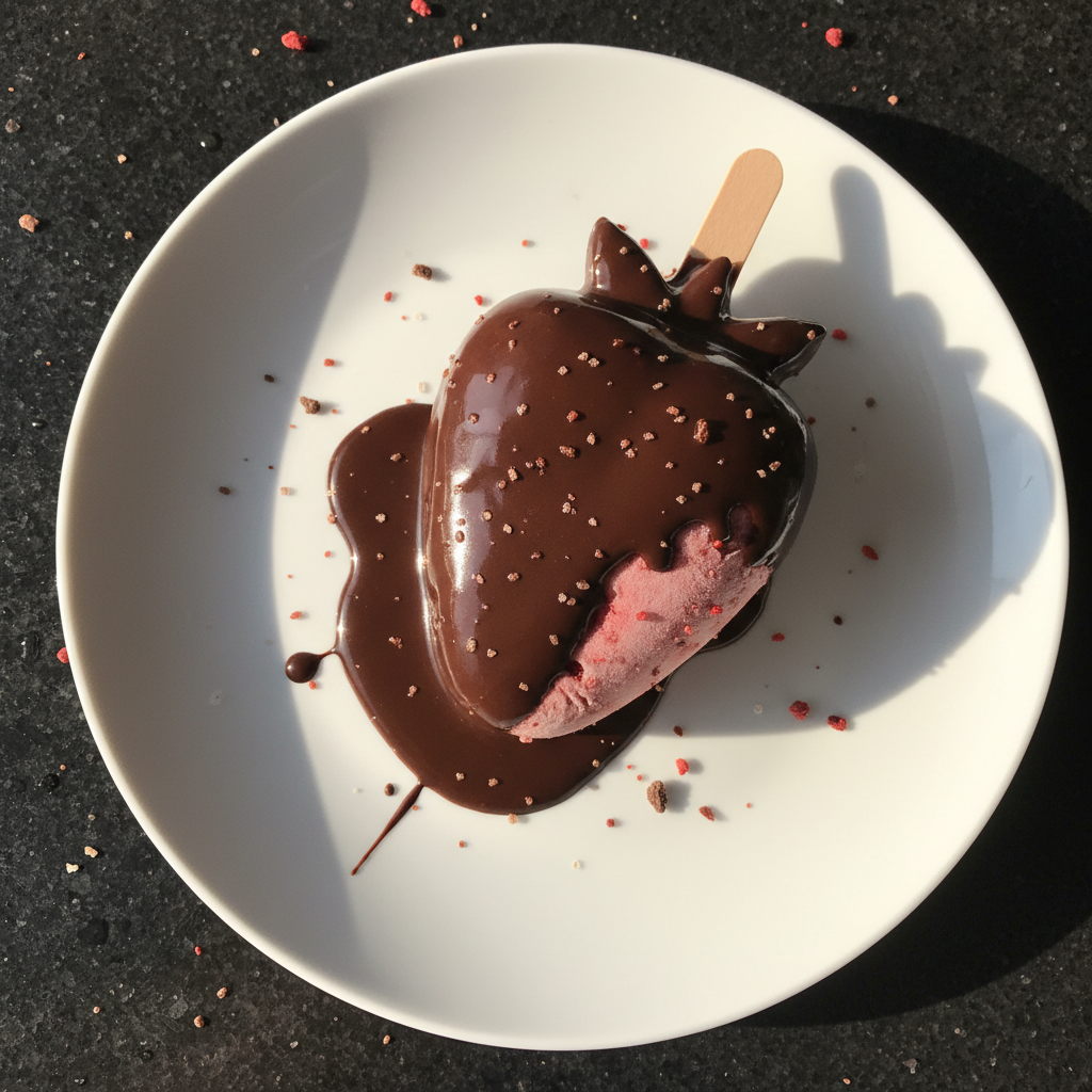 Schokoladenüberzogene Erdbeer Eis am Stiel