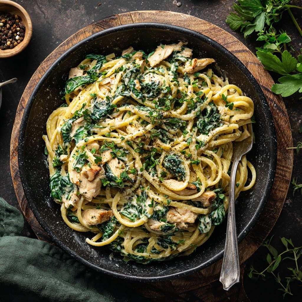 Cremige Spinat-Pasta mit Hühnchen